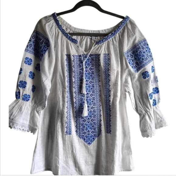 XL🌺Romanian Traditional White&Blue Handmade Embroidered Peasant Blouse Ie - Picture 3 of 10